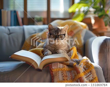 kitten wearing glasses reading a book on couch 131869764