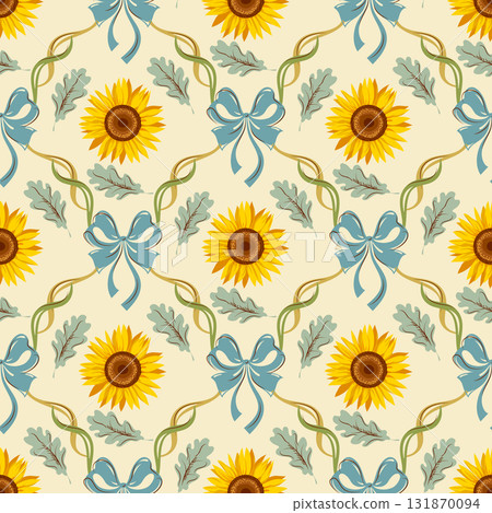 Yellow sunflower seamless pattern with blue bows, curling ribbons and green leaves. Vintage decorative nostalgic countryside textile, wallpaper or background symmetrical design 131870094