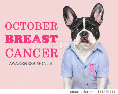 Cute puppy and Pink Awareness Ribbon. Express moral support 131870145