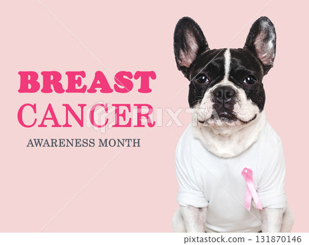 Cute puppy and Pink Awareness Ribbon. Express moral support 131870146