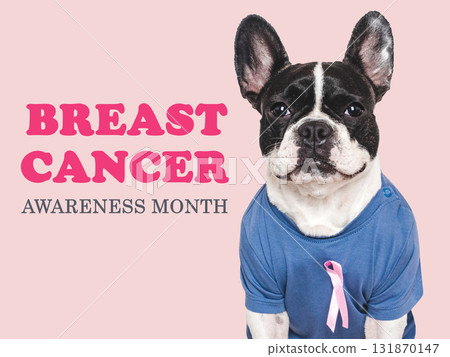 Cute puppy and Pink Awareness Ribbon. Express moral support 131870147