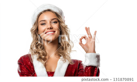 Blonde woman in Santa Claus costume giving OK sign Blonde woman in Santa Claus costume giving OK sign 131870891