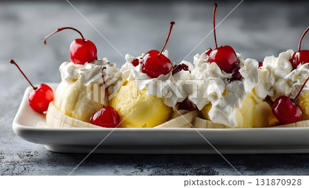 Indulge in this sweet and refreshing Banana Split ice cream sundae. Features creamy scoops, chocolate syrup, fluffy whipped cream, and cherry. Best treat to beat the summer heat. AI Generated 131870928