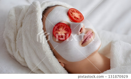 A serene young woman enjoys a therapeutic clay detox facial mask in a spa setting. This skincare treatment promotes deep cleansing, wellness, and relaxation for healthy, glowing skin. AI Generated 131870929