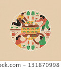 circular illustration of people gardening together, planting vegetables and watering crops. The artwork represents teamwork, sustainability, and the importance of growing food . Vector illustration 131870998