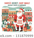 Santa holding a Shop Local bag at a decorated Christmas market with shops, gifts, and lights. Promotes small business shopping and holiday cheer.. Vector illustration 131870999
