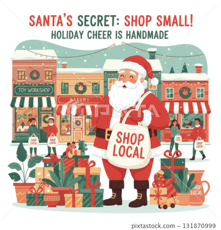 Santa holding a Shop Local bag at a decorated Christmas market with shops, gifts, and lights. Promotes small business shopping and holiday cheer.. Vector illustration 131870999