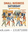 vector illustration of people walking in front of small shops with Shop Local bags. Highlights community support, local economy, and the importance of supporting small businesses. Vector illustration 131871000
