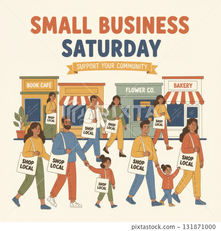 vector illustration of people walking in front of small shops with Shop Local bags. Highlights community support, local economy, and the importance of supporting small businesses. Vector illustration 131871000