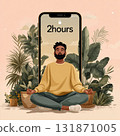 Vector illustration of man meditating in front of smartphone showing two hours, symbolizing digital balance, screen time control, and mindfulness lifestyle. Vector illustration 131871005