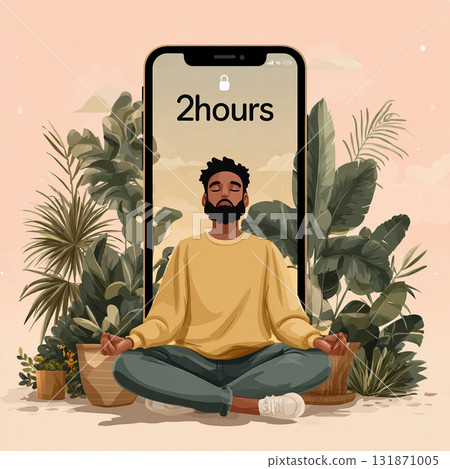 Vector illustration of man meditating in front of smartphone showing two hours, symbolizing digital balance, screen time control, and mindfulness lifestyle. Vector illustration 131871005