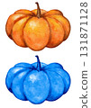 Hand drawn illustration of fall autumn pumpkin in yellow orange blue. Sticker for halloween thanksgiving, cozy farm farmhouse cottagecore design, paint texture. Watercolor art design. 131871128
