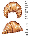 Hand drawn watercolor illustration of tasty croissant. Baked bakery baking food, cafe snack sweet menu, delicious pastry breakfast, beige brown biscuit. 131871129