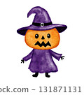 Hand drawn watercolor illustration of jack o lantern pumpkin in witch hat and robe. Purple witchcraft symbol, Halloween horror spooky creepy character, scary october decoration, gothic ghost grinning 131871131