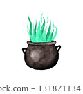Hand drawn illustration of witch cauldron with green boiling potion. Horrow Halloween spell witchcraft, creepy liquid, cooking pot, spooky party decoration. 131871134