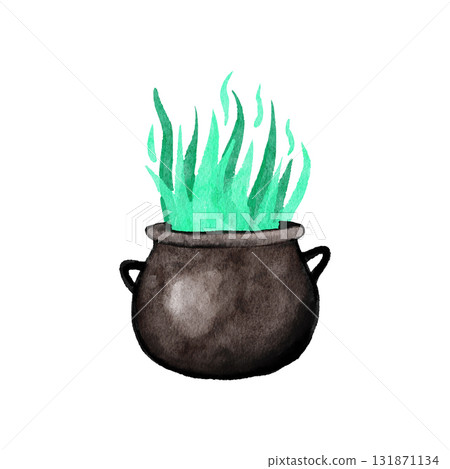 Hand drawn illustration of witch cauldron with green boiling potion. Horrow Halloween spell witchcraft, creepy liquid, cooking pot, spooky party decoration. Hand drawn illustration of witch cauldron with green boiling potion. Horrow Halloween spell witchcraft, creepy liquid, cooking pot, spooky party decoration. 131871134