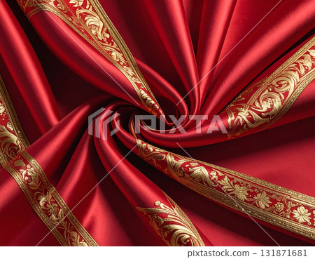 飄逸的絲綢上紅色和金色形成了美麗的對比，並用奢華、閃亮的金線刺繡加以點綴。 131871681