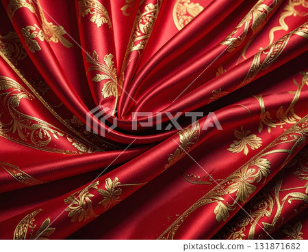飄逸的絲綢上紅色和金色形成了美麗的對比,並用奢華、閃亮的金線刺繡加以點綴。 飄逸的絲綢上紅色和金色形成了美麗的對比,並用奢華、閃亮的金線刺繡加以點綴。 131871682
