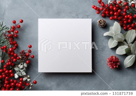 Blank Sheet with White Paper Page on Grey Stone Color. Christmas Decorations. Invitation, Wish List Mock-Up. Empty Notebook. Resolutions, plan, goals, checklist idea. Top view. New Year Xmas banner. Blank Sheet with White Paper Page on Grey Stone Color. Christmas Decorations. Invitation, Wish List Mock-Up. Empty Notebook. Resolutions, plan, goals, checklist idea. Top view. New Year Xmas banner. 131871739