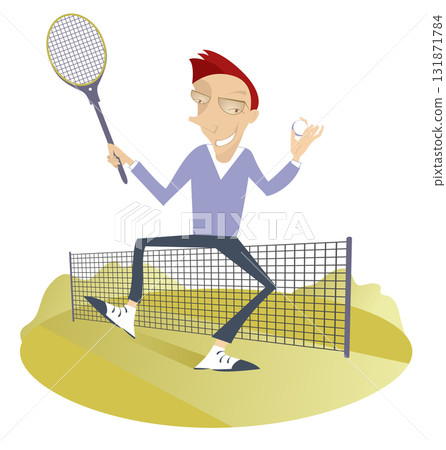 Happy man plays tennis. Smiling man holds a tennis racket and a ball Happy man plays tennis. Smiling man holds a tennis racket and a ball 131871784