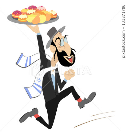 Running man holding a tray with traditional Hanukkah festive dinner. Hanukkah celebrating. Jewish man holding a tray with sufganiyah and doughnut. Isolated on white background Running man holding a tray with traditional Hanukkah festive dinner. Hanukkah celebrating. Jewish man holding a tray with sufganiyah and doughnut. Isolated on white background 131871786