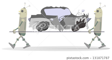 Wrecker. Crashed car. Robot. Technical help robots transport a crashed car on stretcher 131871787