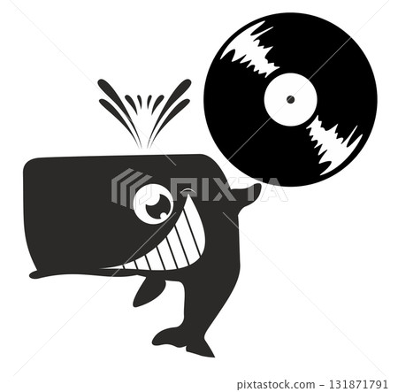 Cute whale holding a long play record. Music on vinyl. Cartoon cute whale holds vinyl record. Black and white illustration 131871791