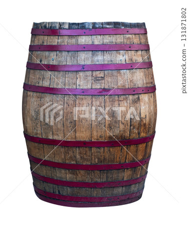 Wooden barrel for wine with steel ring. Clipping path included. 131871802