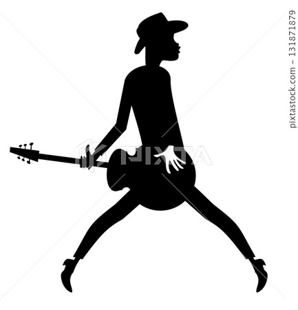 Guitarist. Art silhouette of the singing guitar player. Guitarist plays electric guitar and sings. Art silhouette. Black on white background 131871879