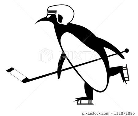 Cartoon penguin an ice hockey player. Cute penguin plays ice hockey. Black and white illustration Cartoon penguin an ice hockey player. Cute penguin plays ice hockey. Black and white illustration 131871880