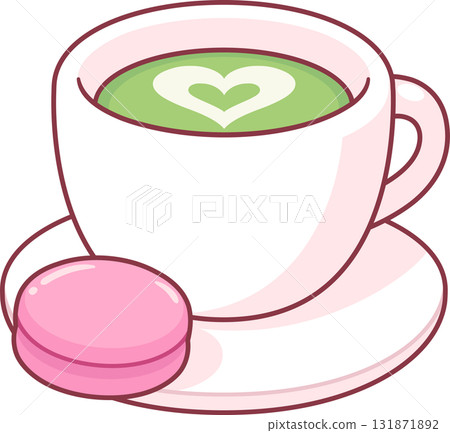 Cup of matcha latte with macaron cookie 131871892
