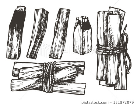 aromatherapy, set of bunches of palo santo tree. illustration in sketch style 131872079