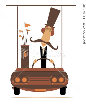 Man in the top hat on the golf cart car goes to play golf. Long mustache man in the top hat going to play golf in the golf cart. Isolated on white background 131872104