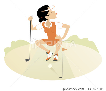 Golfer woman on the golf course. Golf course. Cartoon young golfer woman aiming to do a good shot. Isolated on white background Golfer woman on the golf course. Golf course. Cartoon young golfer woman aiming to do a good shot. Isolated on white background 131872105