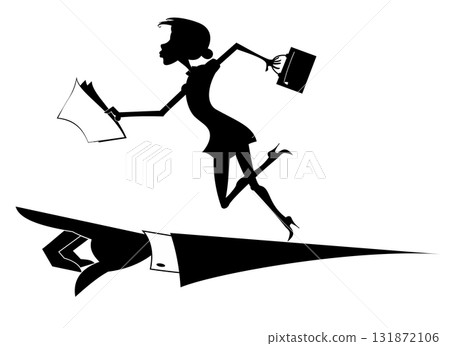 Running business woman and hand points the direction to go. Hand points the direction where to go to a business woman with bag and papers. Black and white 131872106