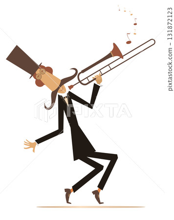 Cartoon long mustache trumpeter is playing music. Mustache man in the top hat playing trombone. Black on white illustration Cartoon long mustache trumpeter is playing music. Mustache man in the top hat playing trombone. Black on white illustration 131872123
