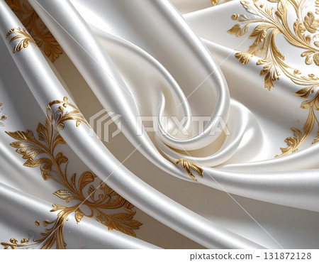 Luxurious silk with sparkling gold embroidery on pure white satin 131872128