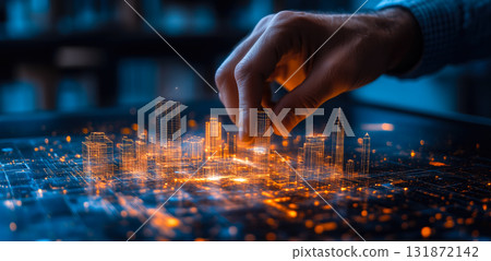 An architect brings architectural designs to life with 3D holographic construction models. Generative AI. 131872142