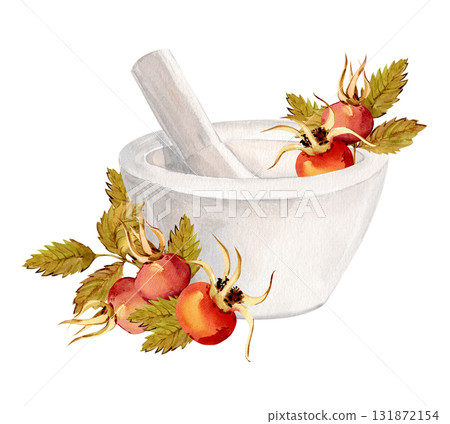 A white ceramic mortar for herbs and spices. Watercolor rosehip branch, berries, and green leaves. Instrument for laboratory, pharmaceutical, and cosmetic production. Clipart for a herbal tea label. A white ceramic mortar for herbs and spices. Watercolor rosehip branch, berries, and green leaves. Instrument for laboratory, pharmaceutical, and cosmetic production. Clipart for a herbal tea label. 131872154
