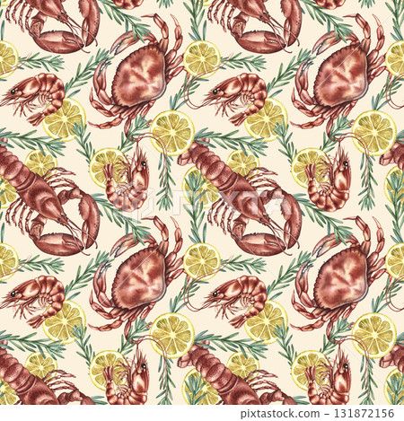 Seamless pattern featuring shrimp, crab, and lobster with lemon and rosemary. Hand-drawn watercolor illustration. Colorful seafood image. For menus, recipes, packaging, labels, and textiles. Seamless pattern featuring shrimp, crab, and lobster with lemon and rosemary. Hand-drawn watercolor illustration. Colorful seafood image. For menus, recipes, packaging, labels, and textiles. 131872156