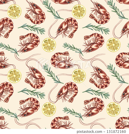 Seamless pattern with shrimp, lemon, and rosemary. Hand-drawn watercolor illustration. Colorful seafood image. Perfect for menus, recipe books, packaging, labels, and textiles. Seamless pattern with shrimp, lemon, and rosemary. Hand-drawn watercolor illustration. Colorful seafood image. Perfect for menus, recipe books, packaging, labels, and textiles. 131872160