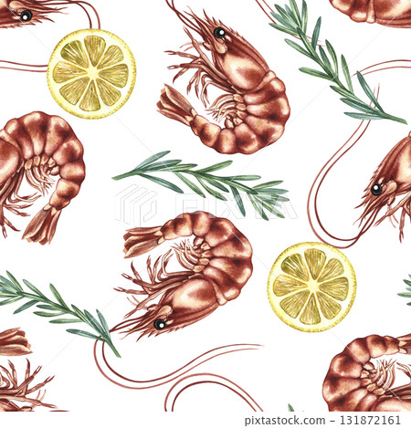 Seamless pattern with shrimp, lemon, and rosemary. Hand-drawn watercolor illustration. Colorful seafood image. Perfect for menus, recipe books, packaging, labels, and textiles. 131872161