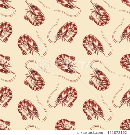 Seamless pattern with shrimp. Hand-drawn watercolor illustration. Colorful image of seafood. Perfect for menus, recipe books, packaging, labels, textiles, and more. Seamless pattern with shrimp. Hand-drawn watercolor illustration. Colorful image of seafood. Perfect for menus, recipe books, packaging, labels, textiles, and more. 131872162