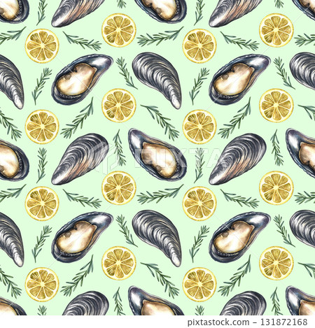 Seamless pattern with mussels, lemon, and rosemary. Hand-drawn watercolor illustration. Colorful image of a gourmet seafood dish. For menus, recipe books, packaging, labels, textiles, and more. 131872168