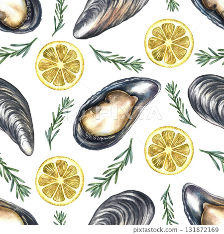 Seamless pattern with mussels, lemon, and rosemary. Hand-drawn watercolor illustration. Colorful image of a gourmet seafood dish. For menus, recipe books, packaging, labels, textiles, and more. 131872169