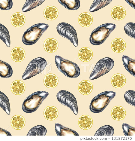 Seamless pattern with mussels and lemon. Handmade watercolor illustration. Colorful image of a gourmet seafood dish. Suitable for menus, recipe books, packaging, labels, textiles, and more. 131872170
