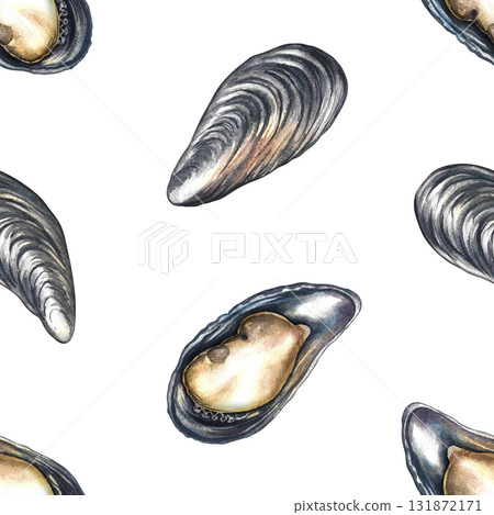 Seamless pattern of fresh mussels. Hand-drawn watercolor illustration. Colorful image of seafood. Perfect for menus, recipe books, packaging, labels, invitations, and more. 131872171