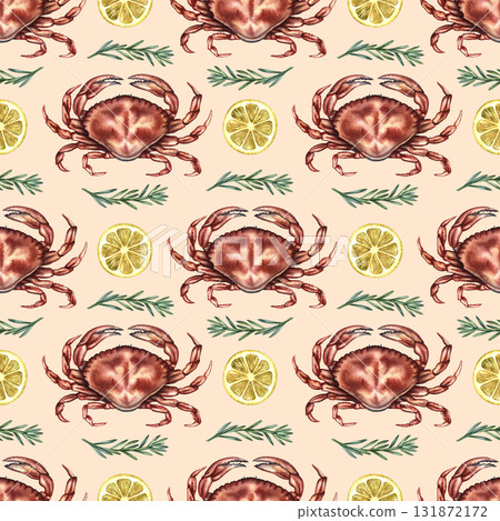 Seamless pattern with crabs, lemon, and rosemary. Hand-drawn watercolor illustration. Colorful image of a seafood dish. For menus, recipe books, packaging, and labels. 131872172