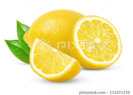 Lemons isolated with clipping path. Lemon fruit and leaf isolated. Whole lemon and cut in a half with leaves on white background. Full depth of field. 131872250