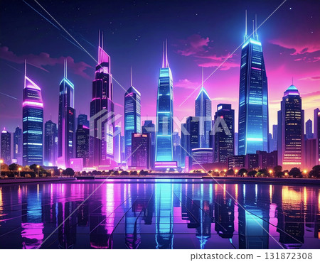 霓虹燈閃爍的城市夜景背景 | 時尚的現代城市設計 131872308